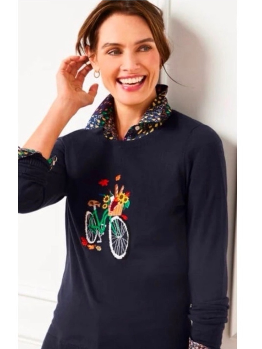 Talbots Bicycle Crewneck Pullover Navy Blue Fall Picnic Embroidered Sweater L